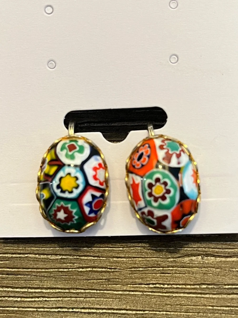 Vintage Multicolor Millefiori Floral Oval Clip-On Earrings